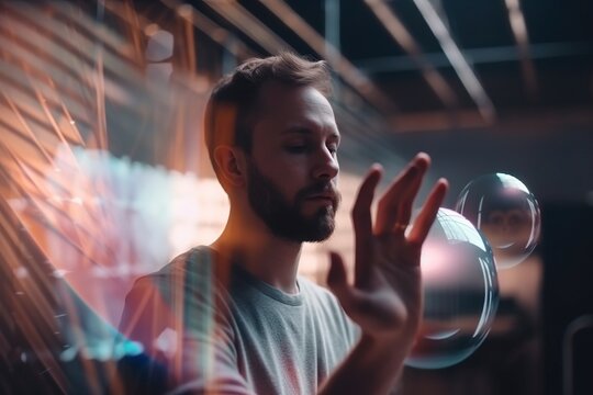 A Man Holding A Bubble In His Hand And Looking At It Arcade Long Exposure Photography Motion Graphics