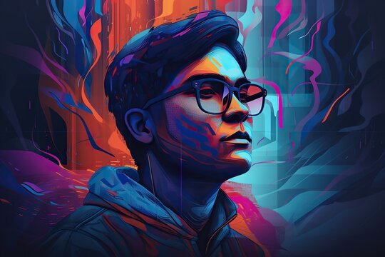 A Man With Glasses And A Hoodie On In Front Of A Colorful Background Zoo Graphic Design Poster Design Generative AI 