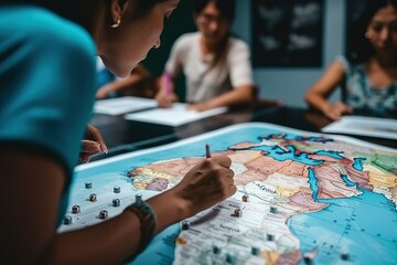 Poster - A Woman Is Playing A Game With A Map Of The World Classroom Travel Photography Curriculum Development