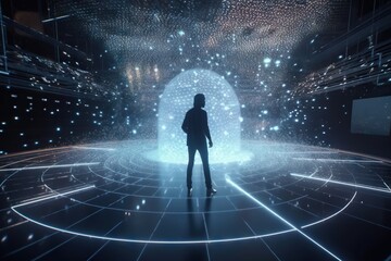 Poster - A Person Standing In A Room With A Light Shining On It Conference Room Video Art Motion Graphics