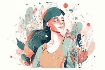 Poster - A Woman With Long Hair And A Tank Top On Is Surrounded By Flowers Forest Environmental Art Print Design Generative AI 