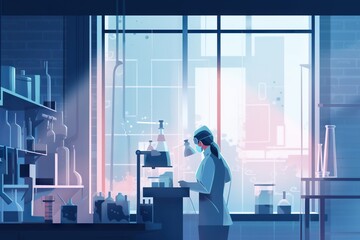 Poster - A Woman In A Lab Coat Is Looking At A Pipe In A Glass Case Factory Animation Science Writing