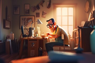 Poster - A Man Sitting At A Desk In A Room With A Lamp Coffee Shop Animation Animation Filmmaking