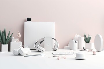 Poster - A White Desk With A Keyboard Headphones And A Plant Glacier Ceramics Consumer Electronics