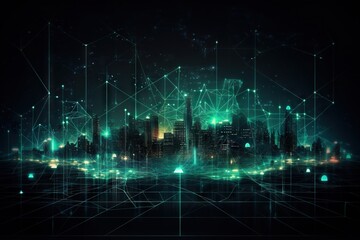 Poster - A City With Lines And Dots Over It At Night With A City Skyline In The Background Modern Urban Skyline Digital Art Blockchain Technology Generative AI 