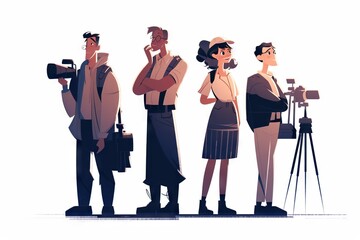 Poster - A Group Of People Standing Next To Each Other With Cameras On Their Laps Newsroom Animation Animation Filmmaking Generative AI 