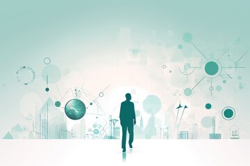 Poster - A Man Standing In Front Of A Blue And Green Background With Circles Modern City Skyline In The Morning With Sunrise Graphic Design Facilities Management Generative AI 