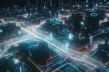 Poster - A City With A Lot Of Traffic And Lights At Night Time Modern City At Dusk Aerial Photography Motion Graphics Generative AI 
