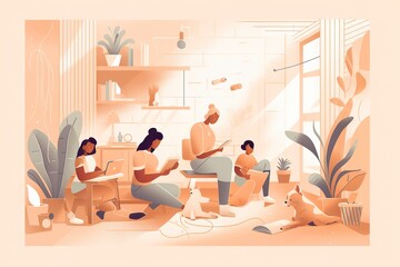 Poster - A Group Of People Sitting Around A Living Room Together With A Dog Library Graphic Design Book Design
