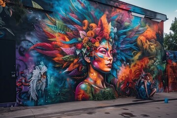 Poster - A Colorful Mural Of A Woman With Feathers On Her Head And A Bird On Her Head Graffiti Wall Graffiti Art Latin American Culture Generative AI 