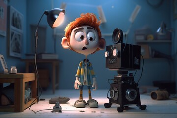 Poster - A Cartoon Character Standing Next To A Camera And A Light On A Table Workshop Animation Animation Filmmaking Generative AI 