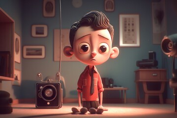 Poster - A Cartoon Character Is Standing In A Room With A Camera And A Camera Bank Animation Animation Filmmaking Generative AI 