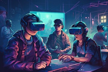 Poster - A Group Of People Wearing Virtual Headsets In A Room With A Computer Factory Animation Virtual Reality