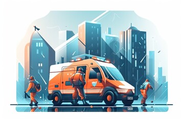Poster - An Ambulance With A Man Standing Next To It In The City Hospital Graphic Design Emergency Medical Services Generative AI 