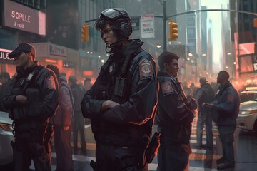 Poster - A Group Of Police Officers Standing On A City Street In Front Of A Crowd Of People Police Station Realism Digital Illustration Generative AI 
