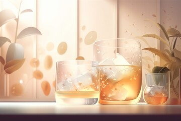 Poster - A Couple Of Glasses Of Liquid Sitting On A Table Next To A Plant Rooftop Bar Photorealism Cocktails