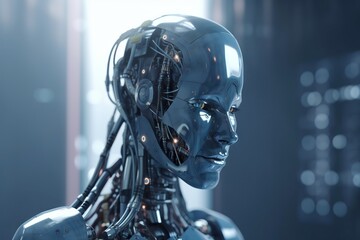 Poster - A Robot With A Glowing Face And Head Is Looking At Something Factory Animation Robotics Engineering