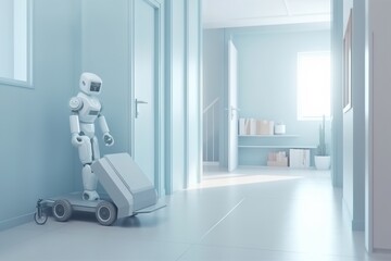 Poster - A Robot Is Standing In A Hallway With A Door Open And A Suitcase On The Floor Workshop Animation Smart Homes Generative AI 