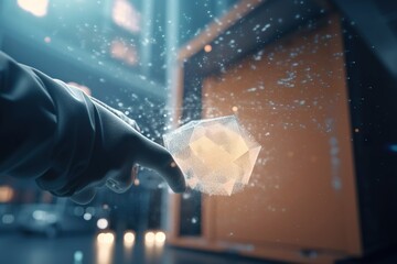 Poster - A Hand Touching A Glass Object With A Blurry Background Of Lights Iceberg Photorealism Motion Graphics