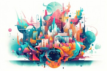 Poster - A Colorful Abstract Painting With A City In The Background And A Lot Of Bubbles City Skyline Typography Cities Generative AI 