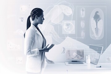 Poster - A Woman In A Suit Is Looking At A Computer Screen With A Medical Diagram In The Background Hospital Advertising Photography Medical Devices Generative AI 
