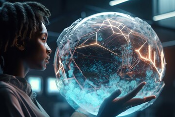 Poster - A Woman Holding A Crystal Ball With A Glowing Design On It Deep Sea Trench Animation Supply Chain Optimization Generative AI 
