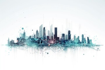Poster - A City Skyline With A Lot Of Buildings And Lines Of Blue And White Paint Modern Urban Skyline Panoramic Photography Facilities Management Generative AI 