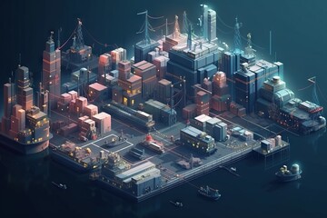Poster - A Large City With Lots Of Tall Buildings And A Boat In The Water Industrial Port Animation Motion Graphics