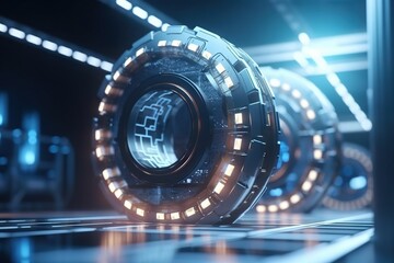Poster - a futuristic looking object with a glowing light in the middle of it factory animation motion graphi