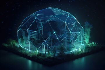 Poster - A Futuristic Building With A Forest And Trees In The Background At Night Botanical Garden Greenhouse Environmental Art Smart Homes Generative AI 