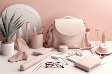 Poster - A Pink Purse A Mirror A Pair Of Glasses A Pair Of Scissors A Pair Of Scissors A Pair Of Glasses A Pair Of Reading Glasses Law Office Product Photography Branding And Identity Design Generative AI 