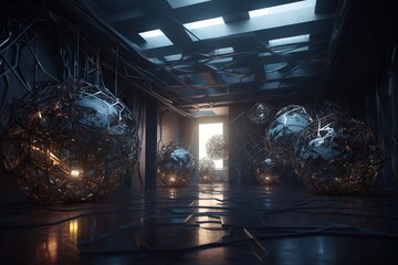 Poster - A Room With A Lot Of Balls In It And A Window Warehouse Kinetic Art Motion Graphics