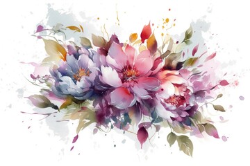 Poster - A Bouquet Of Flowers With Leaves And Watercolor Splashes On A White Background English Garden Color Field Painting Watercolor Painting Generative AI 