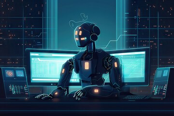 Poster - A Robot Sitting At A Desk With A Computer And A Laptop Workshop Animation Robotics Engineering Generative AI 