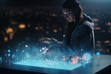 Poster - A Woman Is Using A Digital Device In The Dark With A City In The Background Workshop Video Art Motion Graphics Generative AI 