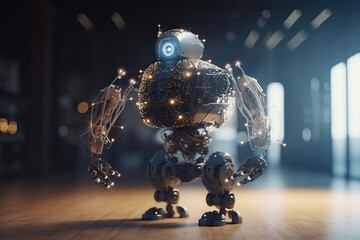 Poster - A Robot With A Glowing Face And Arms Standing On A Wooden Floor Workshop Animation Robotics Engineering