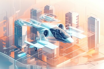 Poster - A Futuristic Flying Device With A Camera Attached To It's Side Modern Urban Skyline Aerial Photography Digital Illustration Generative AI 