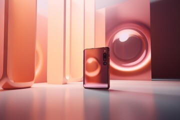 Poster - A Cell Phone Sitting On A Table Next To A Speaker System Desert Sand Dunes At Golden Hour Stereoscopic Photography Product Photography Generative AI 