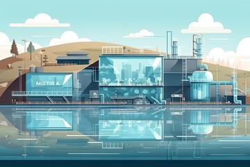 Poster - a stylized illustration of a factory with a lake in front of it factory environmental art manufactur