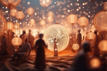 Poster - A Group Of People Standing Around A Room Filled With Lights And Lanterns Moonlit Desert Fine Art Photography Lighting Design Generative AI 