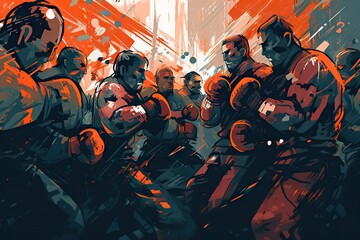 Poster - A Group Of Men Standing Around Each Other In A Room With Orange And Blue Paint Boxing Gym Animation Digital Illustration Generative AI 
