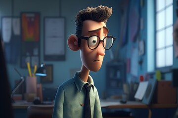 Poster - A Cartoon Character With Glasses And A Green Shirt And Tie In A Room Law Office Animation Animation Filmmaking Generative AI 