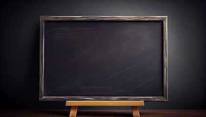 Empty blackboard with wooden frame, blurred background school classroom.