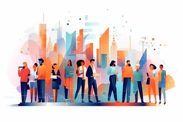 Poster - A Group Of People Standing In Front Of A Cityscape Modern Urban Skyline Graphic Design Diversity And Inclusion Generative AI 