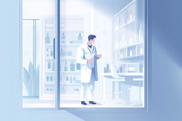 Poster - A Man In A Lab Coat Standing In A Laboratory With A Microscope Aquarium Animation Pharmaceutical Sales Generative AI 