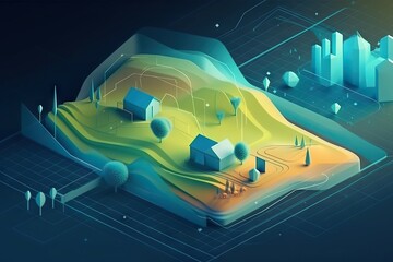 Poster - A Futuristic Landscape With A Green And Yellow Color Scheme And A Blue Background Solar Farm Environmental Art Motion Graphics Generative AI 