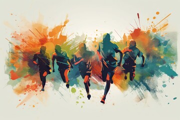 Poster - A Group Of People Running On A Race Track With Colorful Paint Splatters Fitness Center Sports Photography Sports Coaching Generative AI 