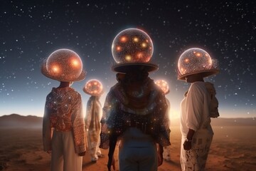 Fototapete - A Group Of People Standing On Top Of A Desert Under A Sky Filled With Stars Desert Video Art Influencer Marketing Generative AI 