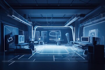Poster - A Futuristic Office With A Blue Light Coming From The Ceiling And A Computer Desk Workshop Animation Manufacturing Planning And Control Generative AI 