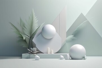 Poster - A White Sculpture With A Plant And Candles On A Table With A Grey Background Oasis Animation Motion Graphics Generative AI 